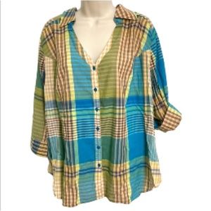 LANE BRYANT Plaid Shirt 100% Cotton Checkered Green Blue Yellow Womens 2X